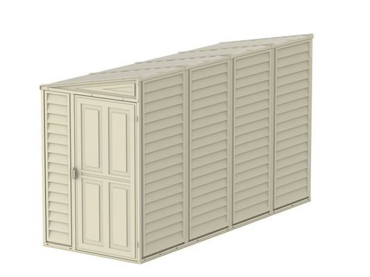 Duramax 4x10 SideMate Vinyl Shed in soft ivory, ideal for home storage with minimal maintenance. Weather-resistant and modern design. 