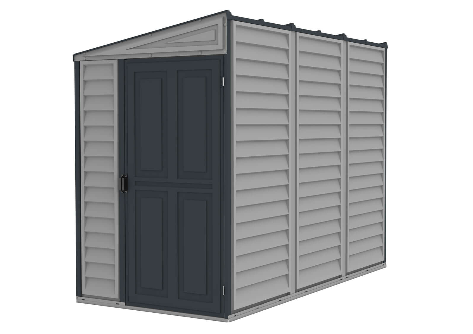 Duramax 4x8 SideMate PLUS Vinyl Shed in grey, easy-to-assemble outdoor storage solution with foundation, perfect for garden tools.