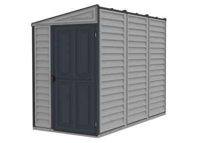 Duramax 4x8 SideMate PLUS Vinyl Shed in grey, easy-to-assemble outdoor storage solution with foundation, perfect for garden tools.