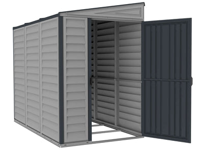 Duramax 4x8 SideMate PLUS Vinyl Shed in Grey with open door and foundation, perfect for outdoor storage. Keywords: Duramax shed, Duramax Sheds.