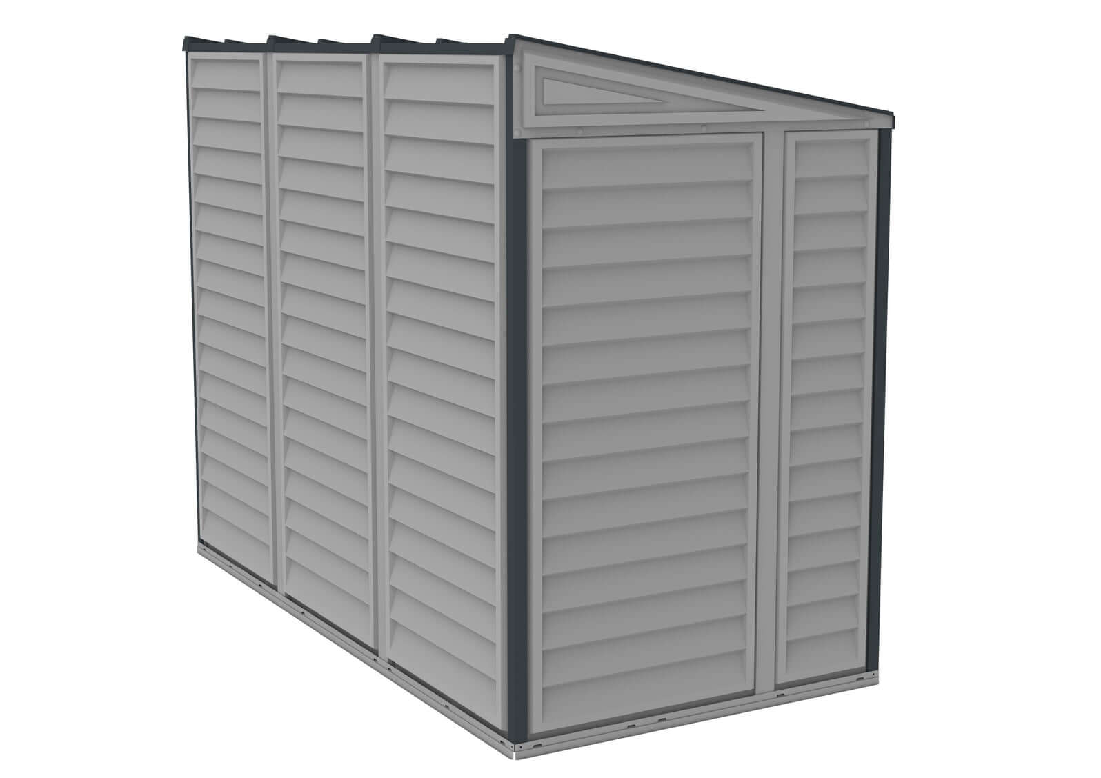Duramax 4x8 SideMate PLUS Vinyl Shed in Grey, ideal for home garden storage, showcasing modern design and durability.