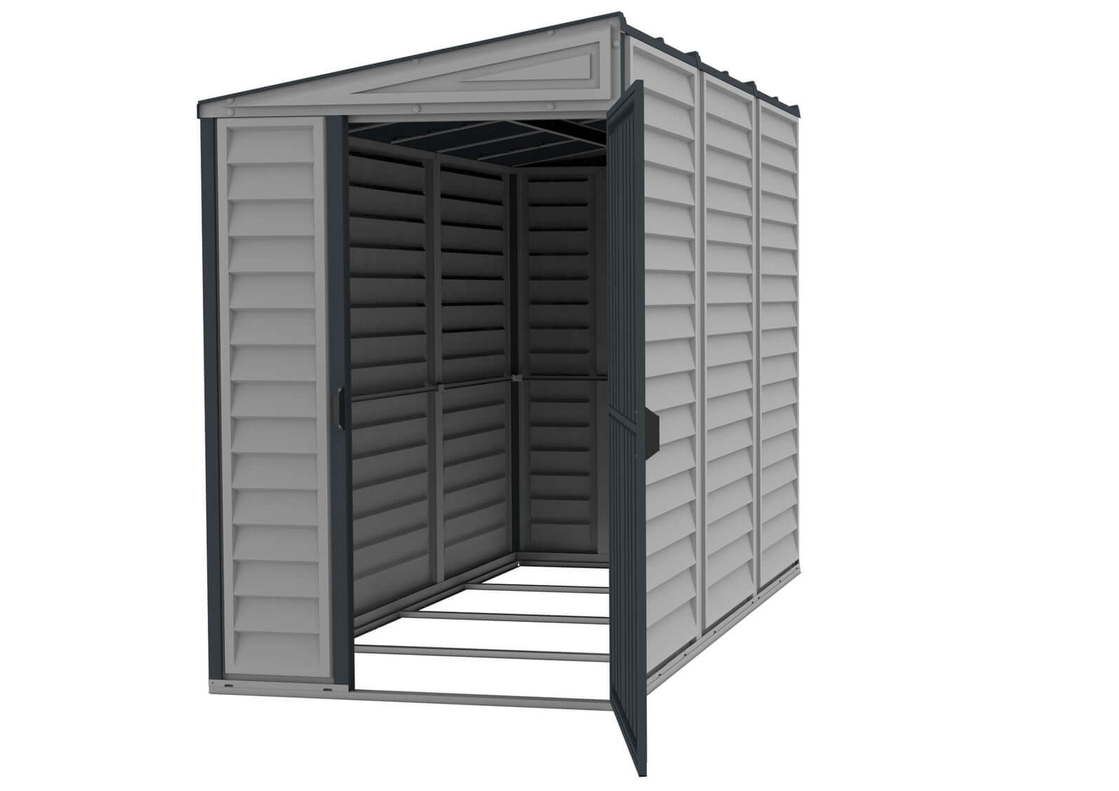 Duramax 4x8 SideMate PLUS Vinyl Shed in Grey, showcasing open double doors and ample interior space. Ideal for outdoor storage.