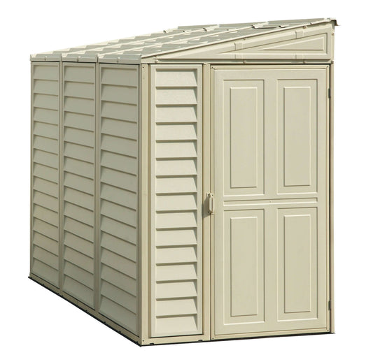 Duramax 4x8 SideMate Vinyl Shed with Foundation, ideal for narrow spaces, featuring reversible door for flexible installation.