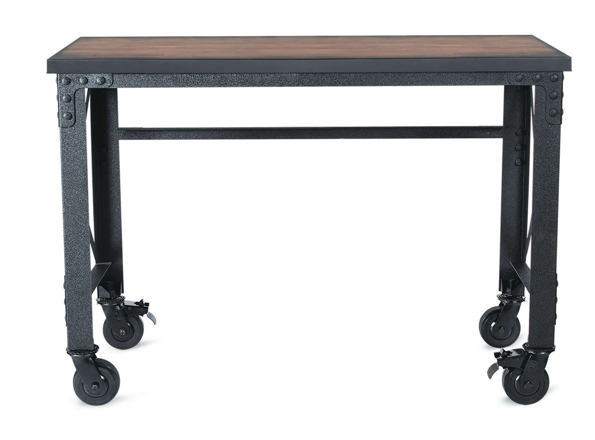 Duramax 52x24 inch industrial worktable with caster wheels, dark wood top, and metal frame for versatile workspace use.
