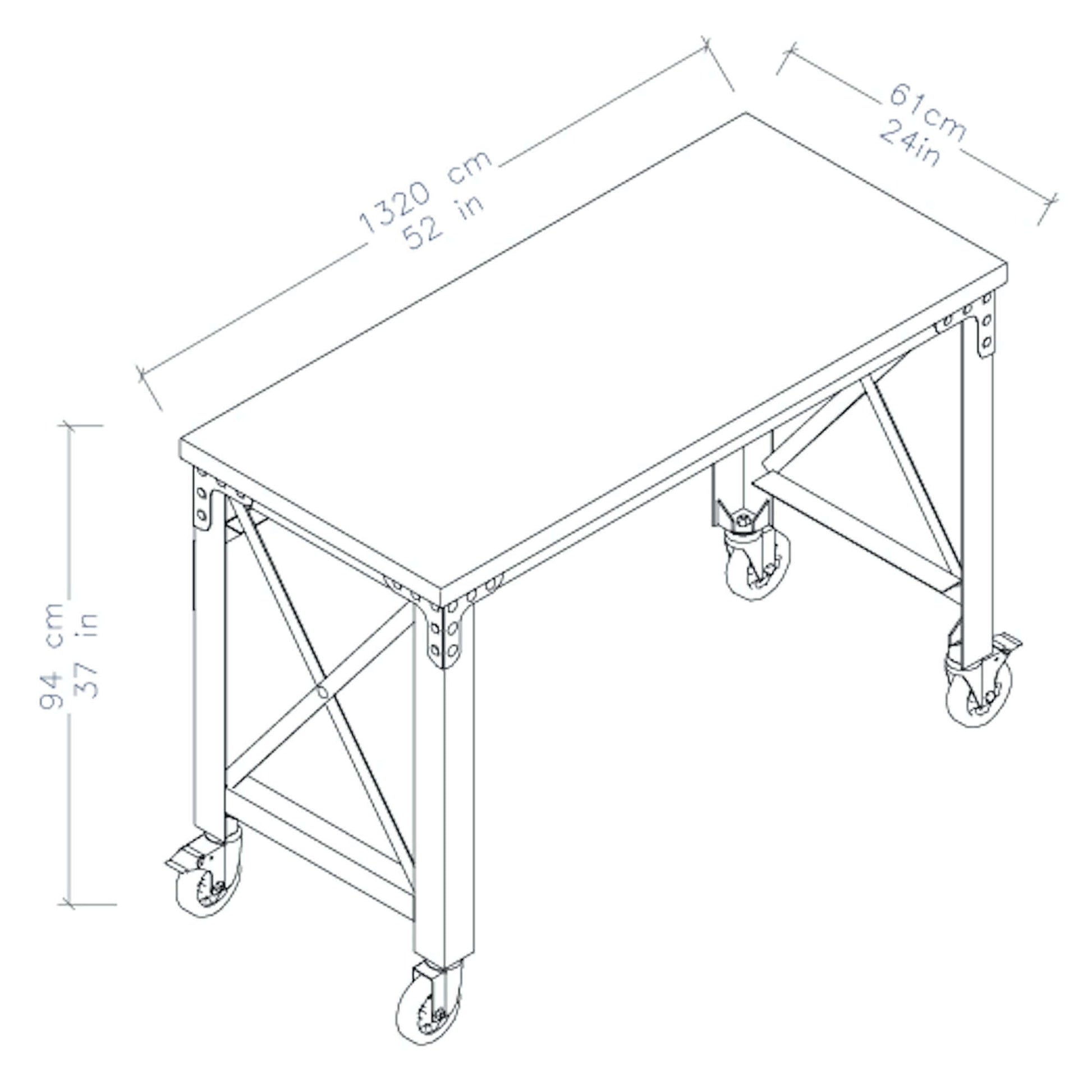 Dimensions diagram of Duramax 52x24 inch rolling industrial worktable with caster wheels