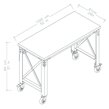 Dimensions diagram of Duramax 52x24 inch rolling industrial worktable with caster wheels