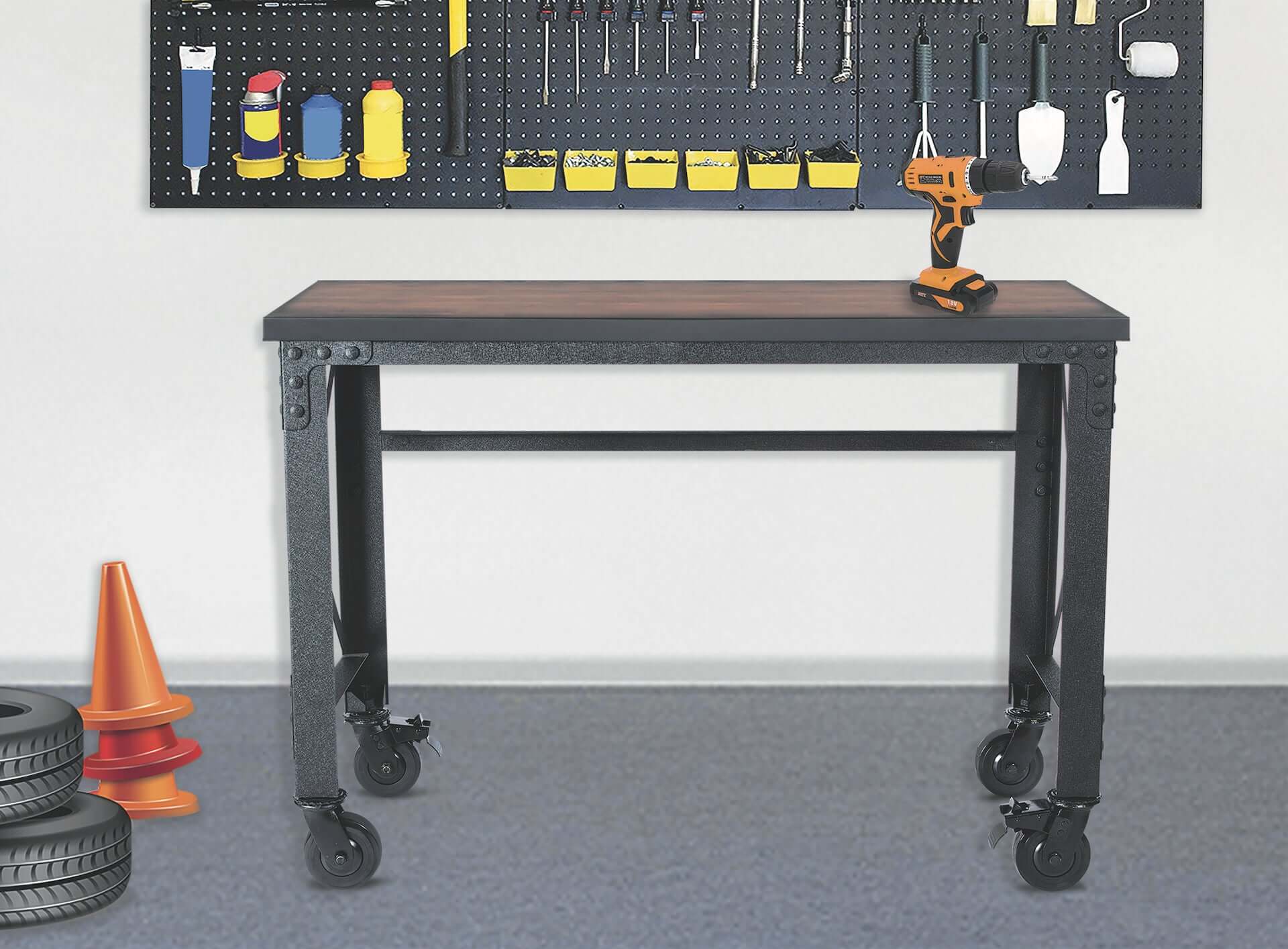 Duramax 52x24 inch rolling industrial worktable with wooden top and metal frame, built for durability with swivel caster wheels.