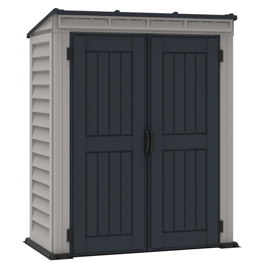 Duramax 5x3 YardMate Vinyl Shed with floor, showcasing durable all-weather vinyl and steel-reinforced columns for versatile storage.