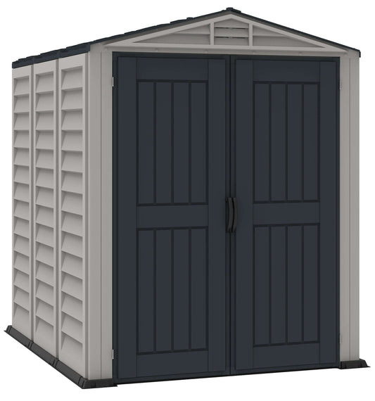 Duramax 5x8 YardMate PLUS Vinyl Shed with double doors and floor, all-weather and durable storage solution.