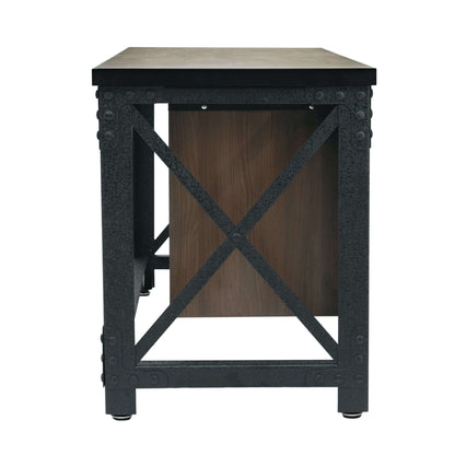 Side view of Duramax Jackson Industrial Metal & Wood Desk featuring durable steel frame and acacia wood top, ideal for home office.