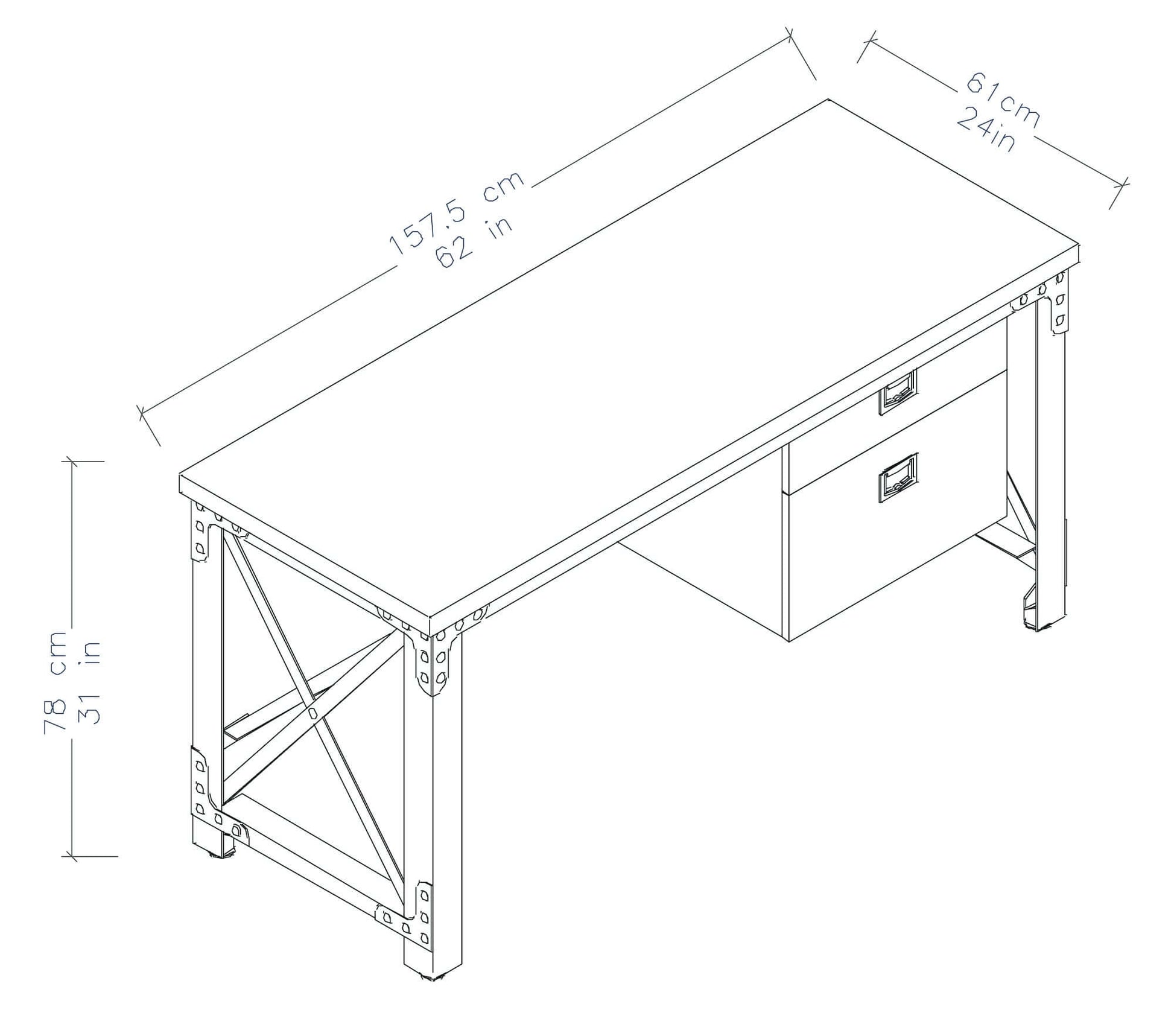 Illustration of Duramax Jackson Industrial Metal & Wood Desk with dimensions: 62 in wide, 24 in deep, and 31 in tall.
