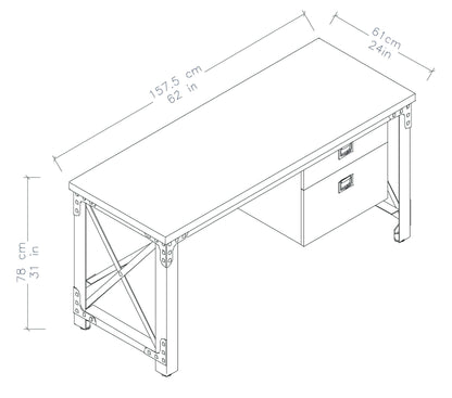 Illustration of Duramax Jackson Industrial Metal & Wood Desk with dimensions: 62 in wide, 24 in deep, and 31 in tall.