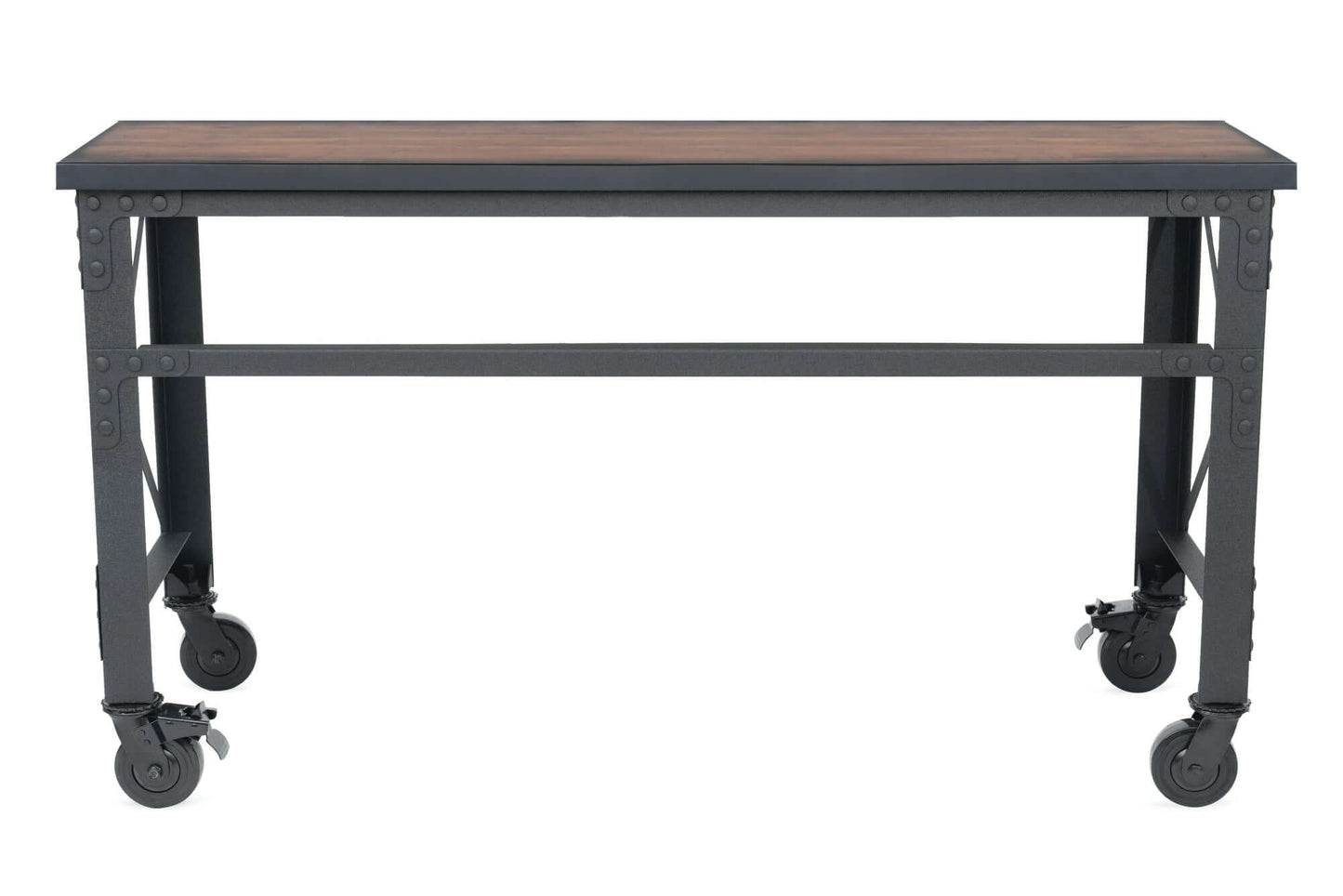 Duramax 62x24 industrial worktable with caster wheels, wooden top, and metal frame for durability and mobility.