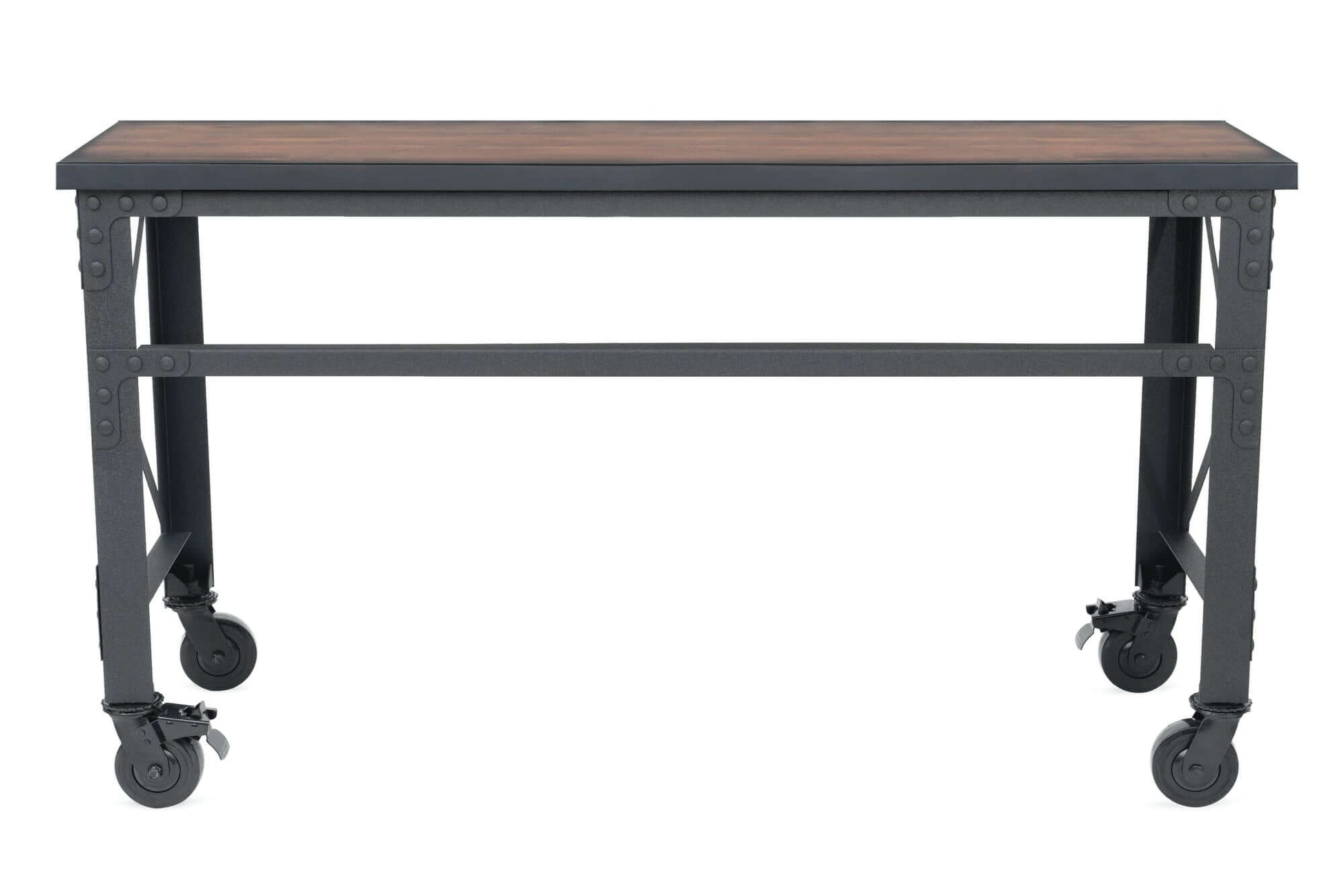 Duramax 62x24 industrial worktable with caster wheels, wooden top, and metal frame for durability and mobility.