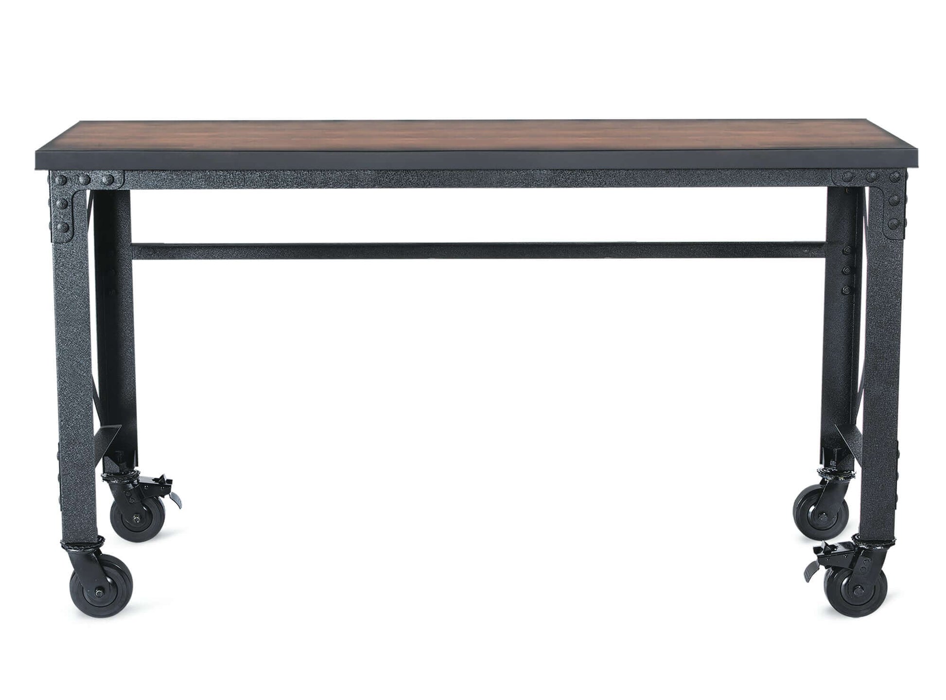 Duramax 62x24 inch rolling industrial worktable with wooden top and metal frame on caster wheels.