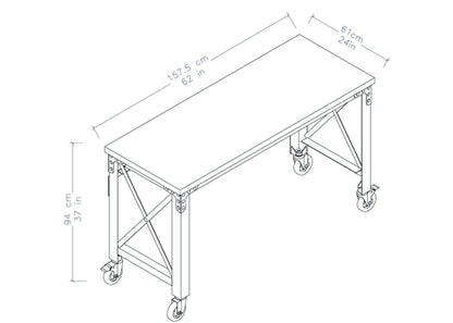 Dimensional drawing of Duramax 62x24 inch industrial worktable with wheels, showcasing measurements and structure in line diagram.