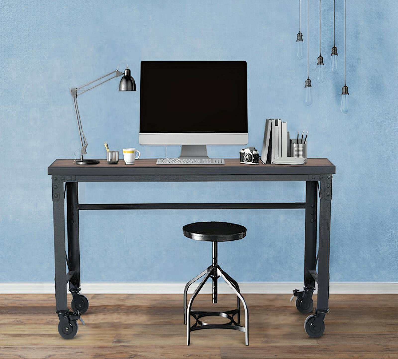 Duramax 62x24 inch industrial rolling worktable with wooden top, black metal frame, caster wheels, and desk setup in a modern room.