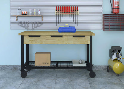 Duramax 62" x 24" Rove 3-Drawer Mobile Workbench in a workshop setting, featuring a wood grain surface and industrial design.