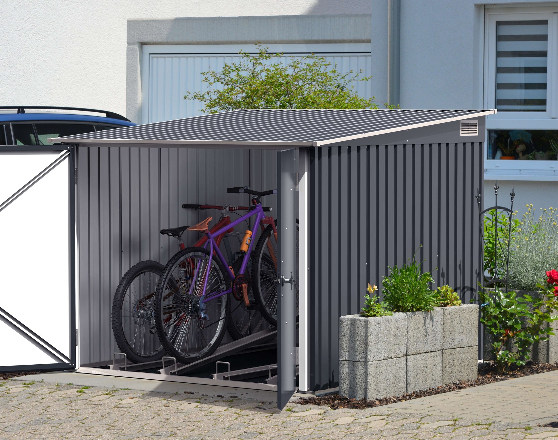 Duramax 6x6 Bike Shed 73051 with sturdy metal build and double doors, perfect for secure bike storage. Keyword: duramax sheds.