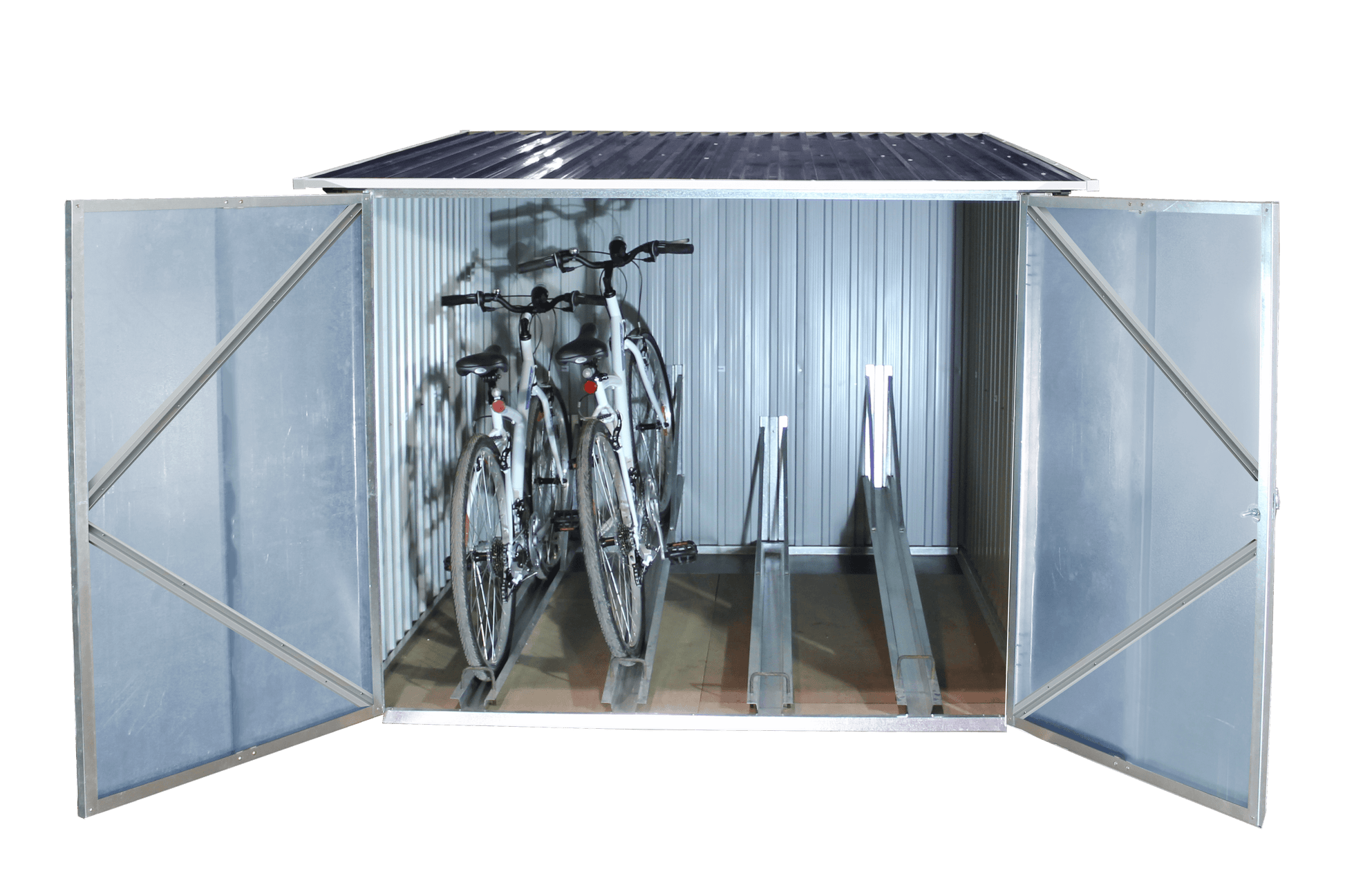 Duramax 6x6 Bike Shed with open doors showcasing storage for bikes, made from galvanized steel with secure locking system.