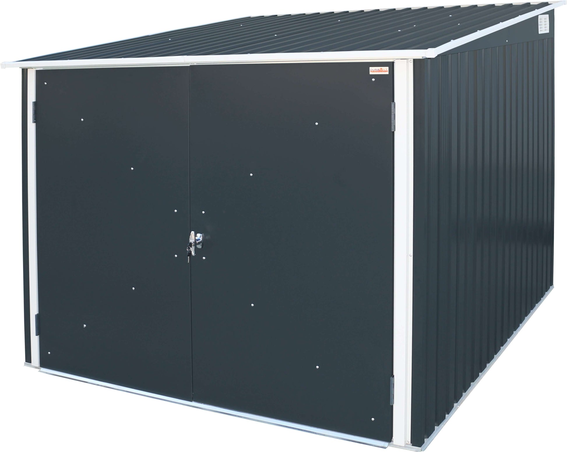 Duramax 6x6 Bike Shed 73051 with double doors and 3-point lock, made from weatherproof galvanized steel. Ideal for secure bike storage.