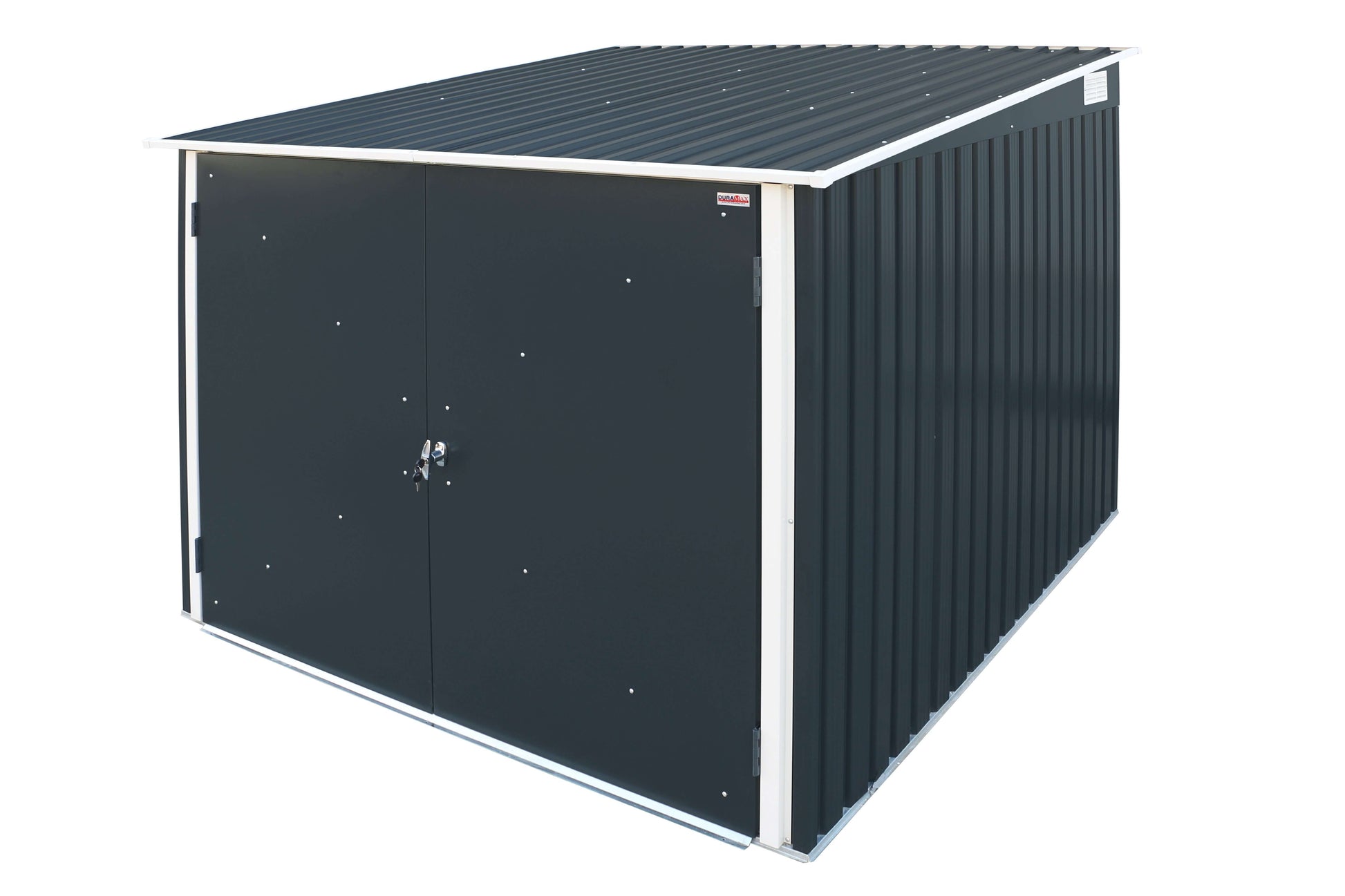 Duramax 6x6 Bike Shed with weatherproof galvanized steel and 3-point locking system for secure bicycle storage.