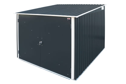 Duramax 6x6 Bike Shed with weatherproof galvanized steel and 3-point locking system for secure bicycle storage.