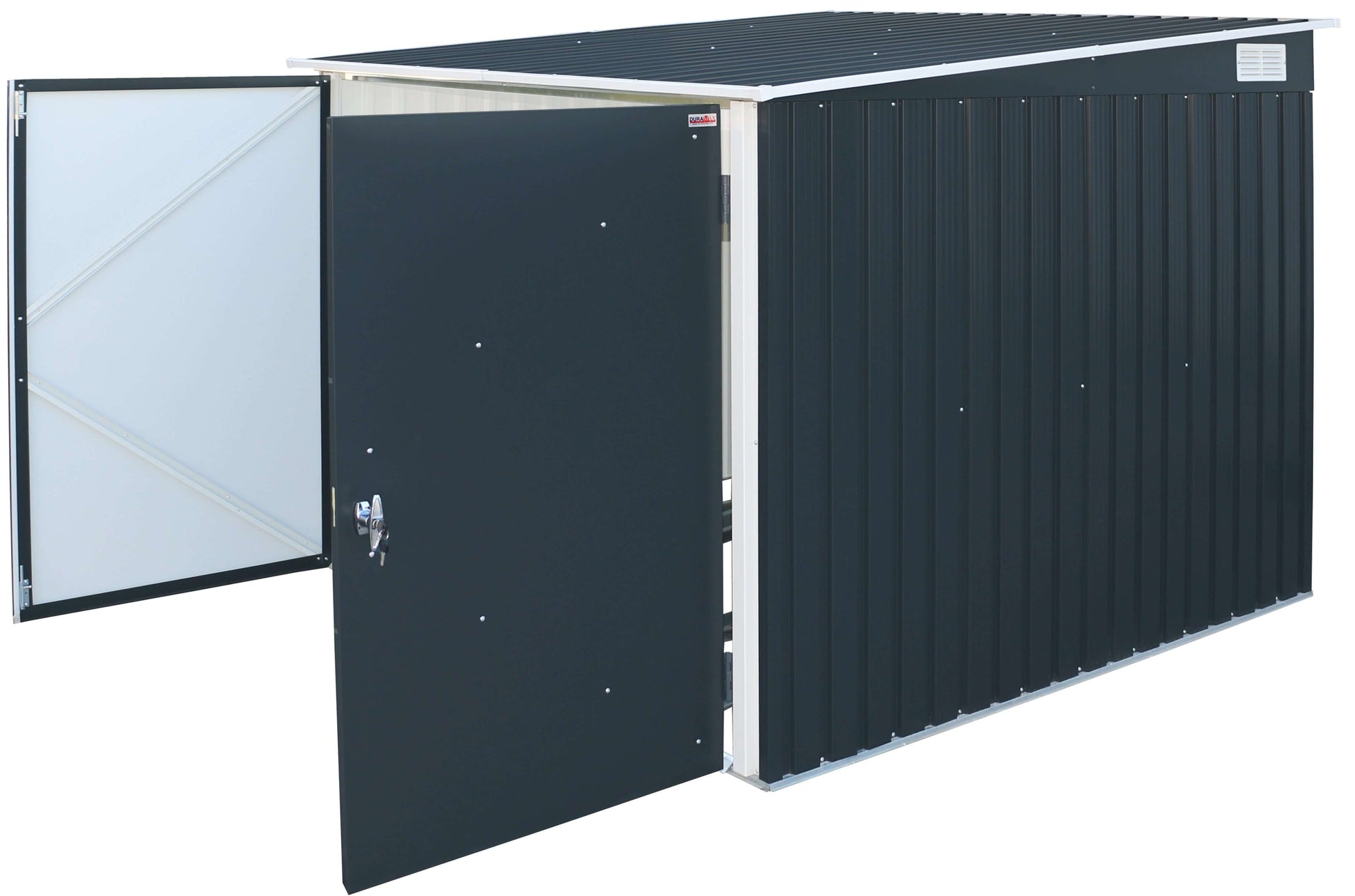 Duramax 6x6 bike shed with double doors open, made from weatherproof galvanized steel, ideal for secure storage - Duramax sheds.