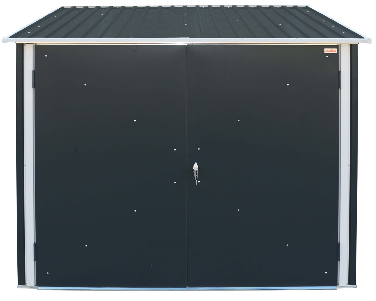 Duramax 6x6 bike shed with double doors and weatherproof galvanized steel, ideal for secure bike storage. Keywords: Duramax sheds.