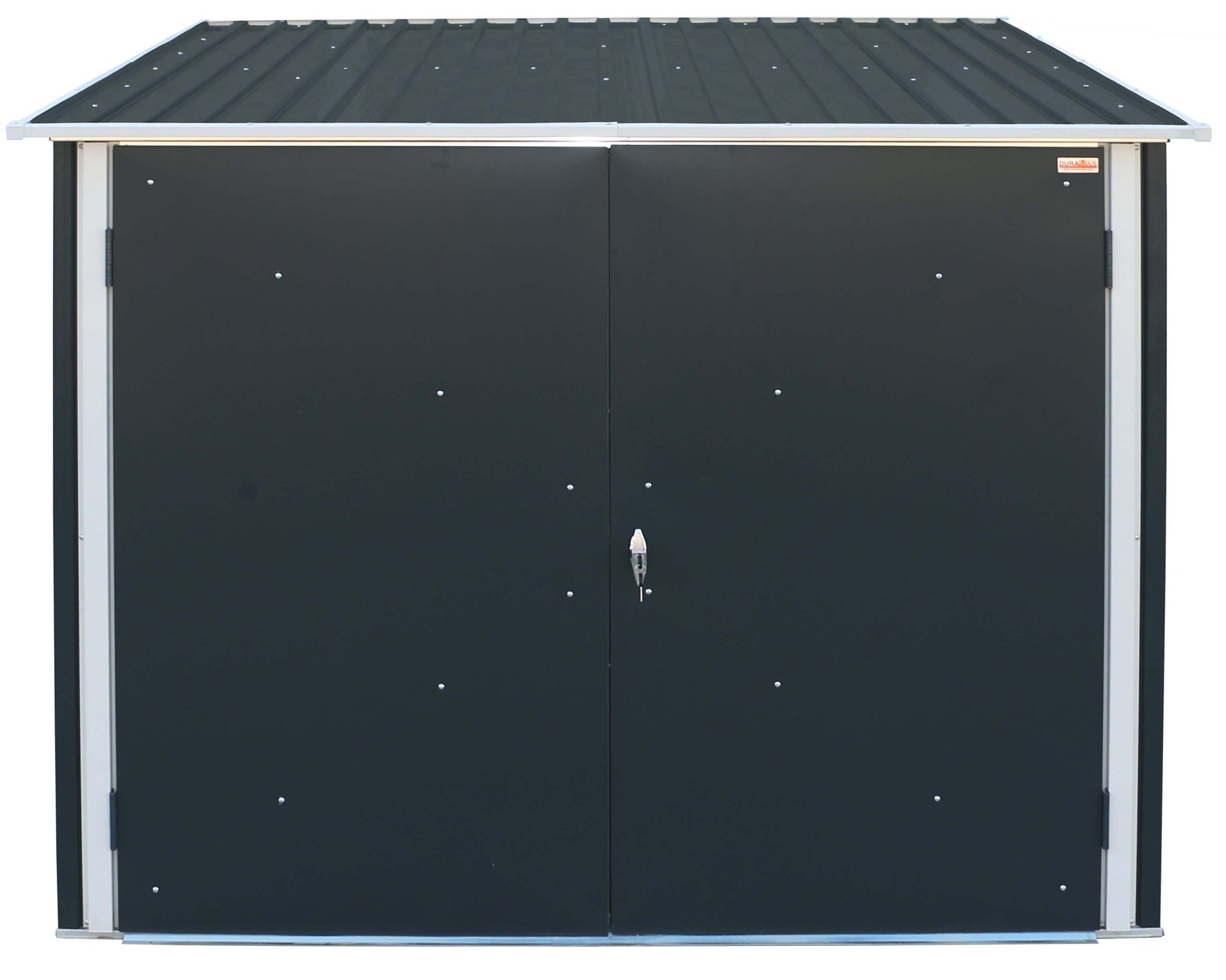 Duramax 6x6 bike shed with double doors and weatherproof galvanized steel, ideal for secure bike storage. Keywords: Duramax sheds.