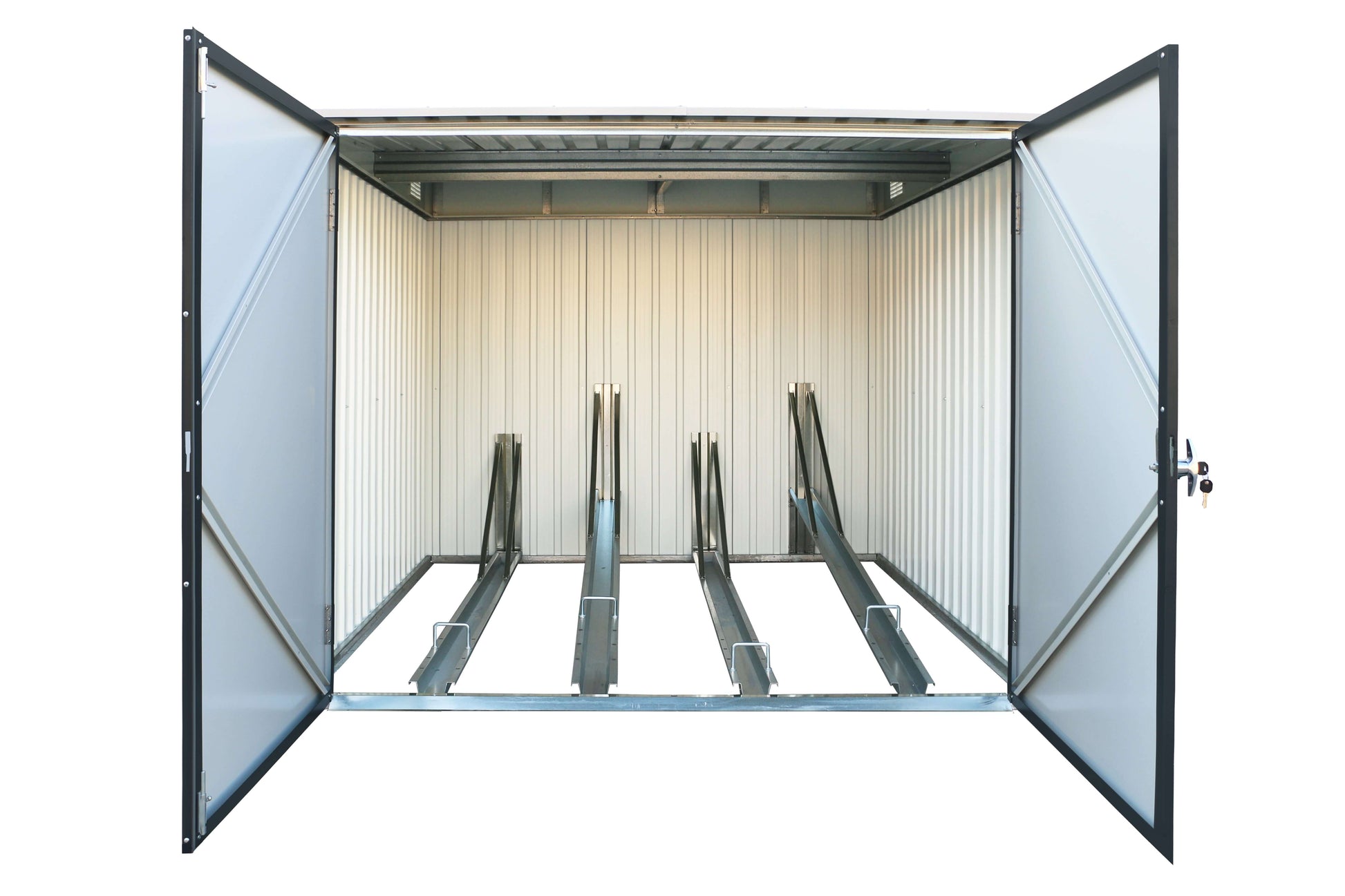 Duramax 6x6 Bike Shed 73051 with doors open showing sturdy metal interior and bike storage racks, ideal for secure cycling gear storage.