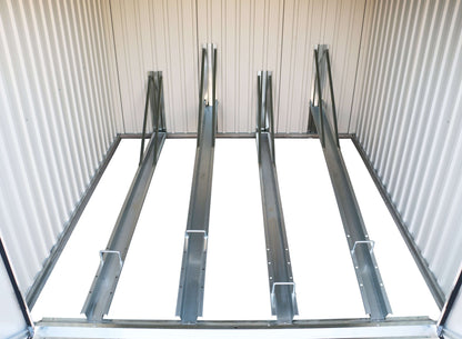 Interior view of the Duramax 6x6 Bike Shed 73051 showing sturdy metal construction and storage racks. Keywords: Duramax sheds, Duramax shed.