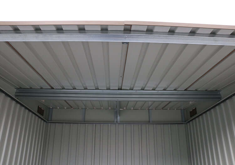 Interior view of Duramax 6x6 bike shed roof and walls, showing metal construction and robust design for secure storage. Keywords: duramax sheds.