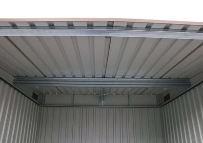 Interior view of Duramax 6x6 bike shed roof and walls, showing metal construction and robust design for secure storage. Keywords: duramax sheds.