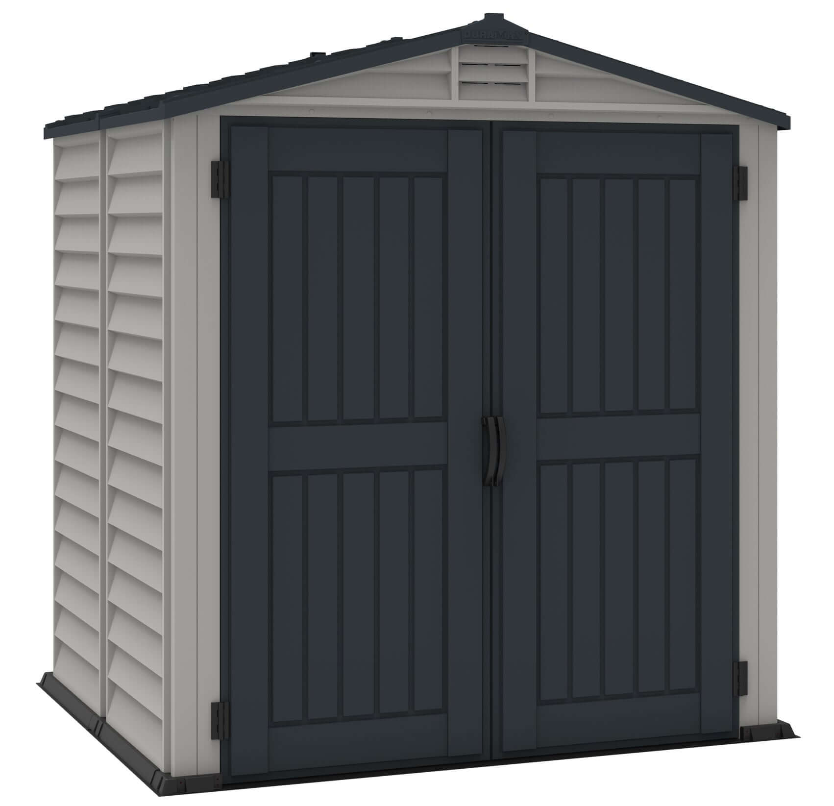 Duramax 6x6 StoreMate PLUS vinyl shed with floor, features double doors and robust galvanized steel beams for secure storage.