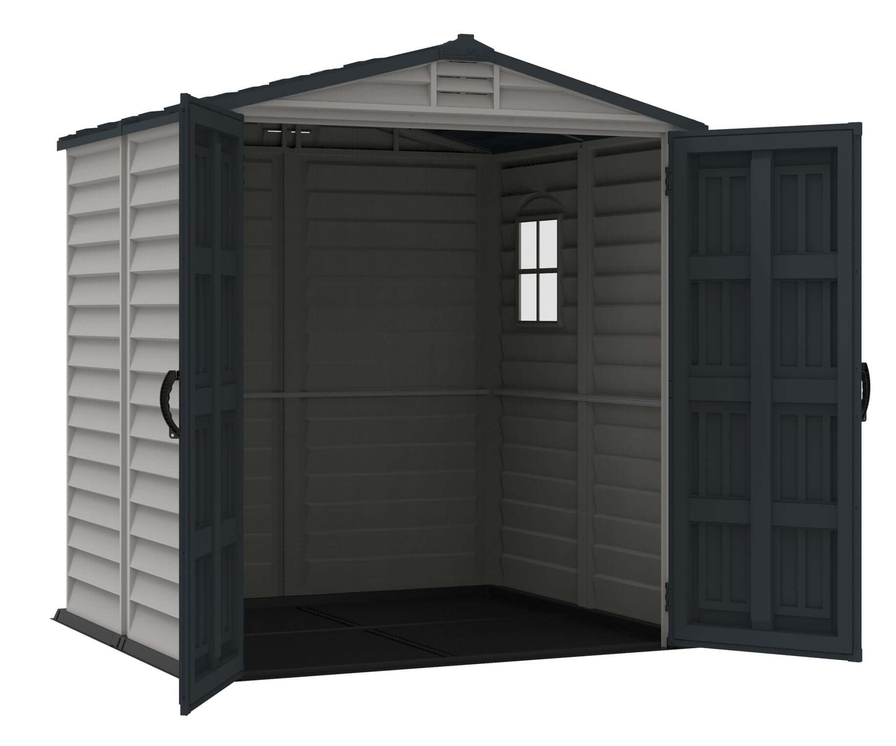 Duramax StoreMate PLUS 6x6 vinyl shed with open double doors, showcasing spacious interior and steel frame for secure storage.