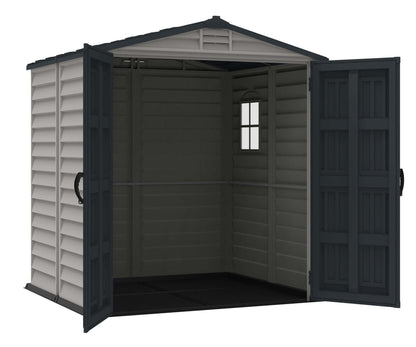 Duramax StoreMate PLUS 6x6 vinyl shed with open double doors, showcasing spacious interior and steel frame for secure storage.