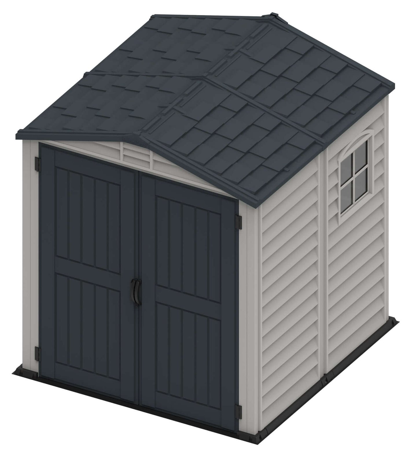Duramax 6x6 StoreMate PLUS Vinyl Shed with double doors and floor, featuring durable fire-retardant materials for safe storage.