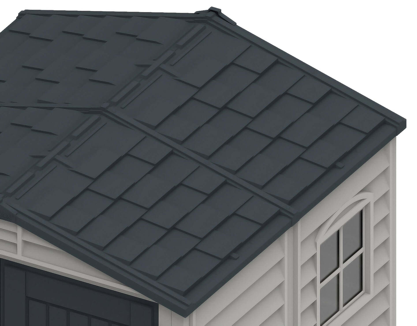 Duramax StoreMate PLUS 6x6 vinyl shed roof detail showing fire-retardant material and window design for safety and style.