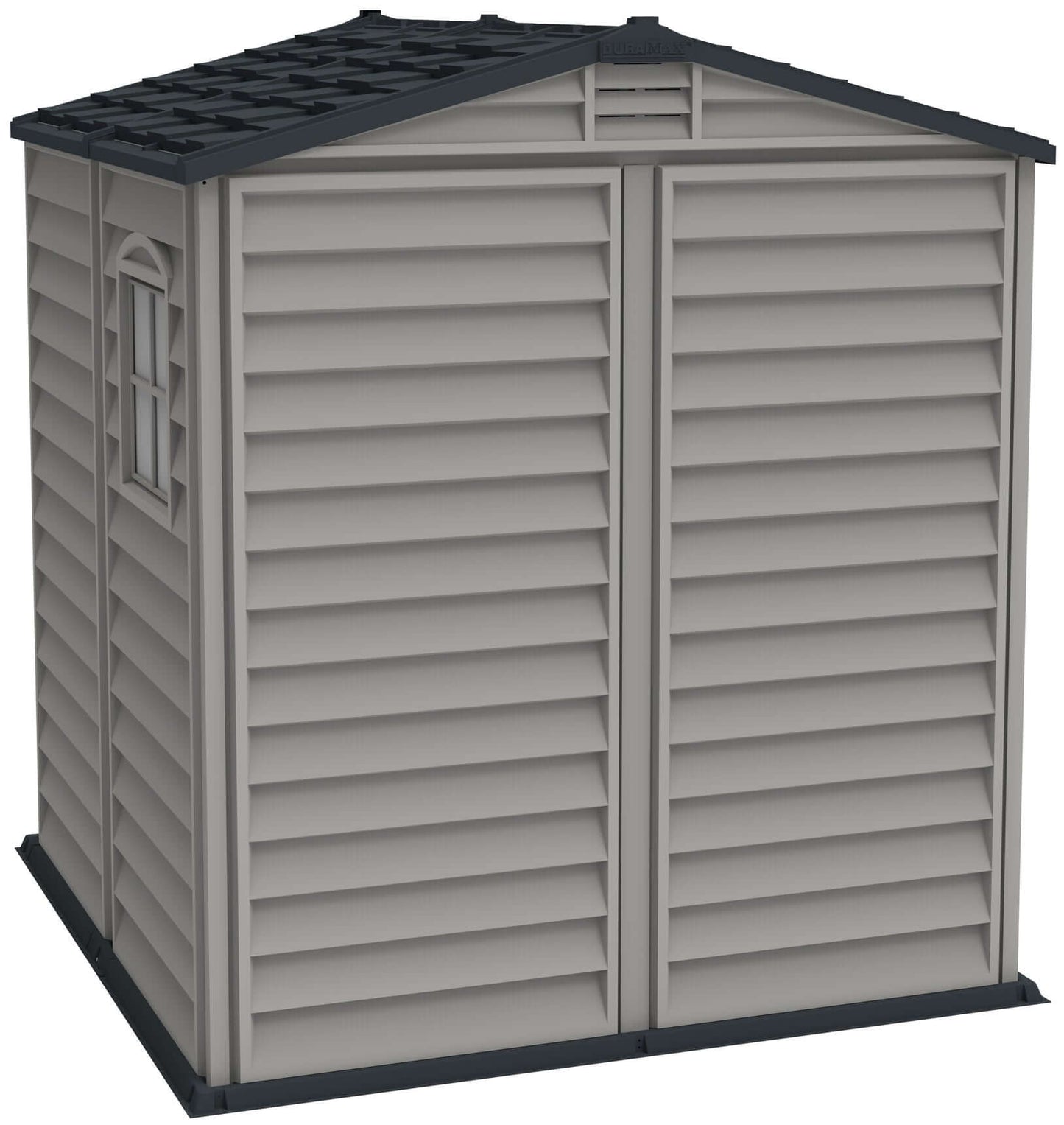 Duramax 6x6 StoreMate PLUS vinyl shed with floor, showcasing double-entry doors and durable construction. Ideal for safe storage.