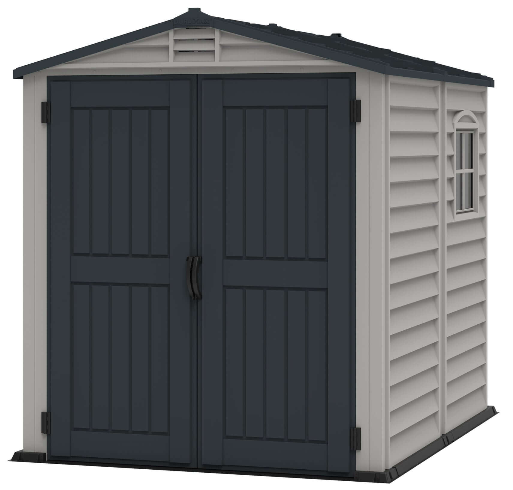 Duramax 6x6 StoreMate PLUS Vinyl Shed with double-entry doors and premium fire-retardant vinyl construction for secure storage.