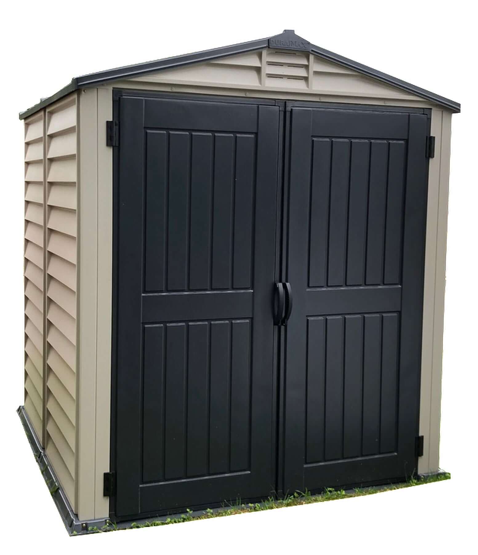 Duramax 6x6 StoreMate PLUS vinyl shed with floor, featuring durable fire-retardant materials and wide double-entry doors.