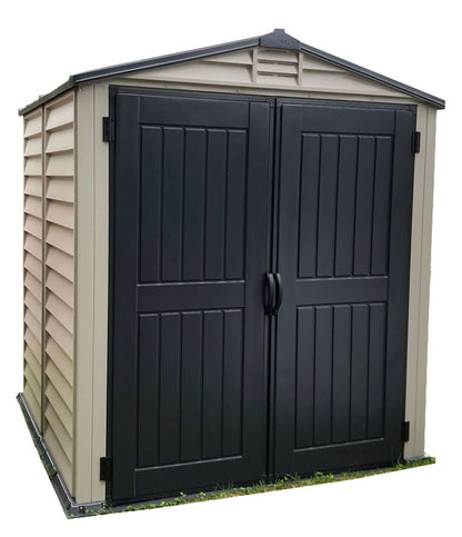 Duramax 6x6 StoreMate PLUS vinyl shed with floor, featuring durable fire-retardant materials and wide double-entry doors.
