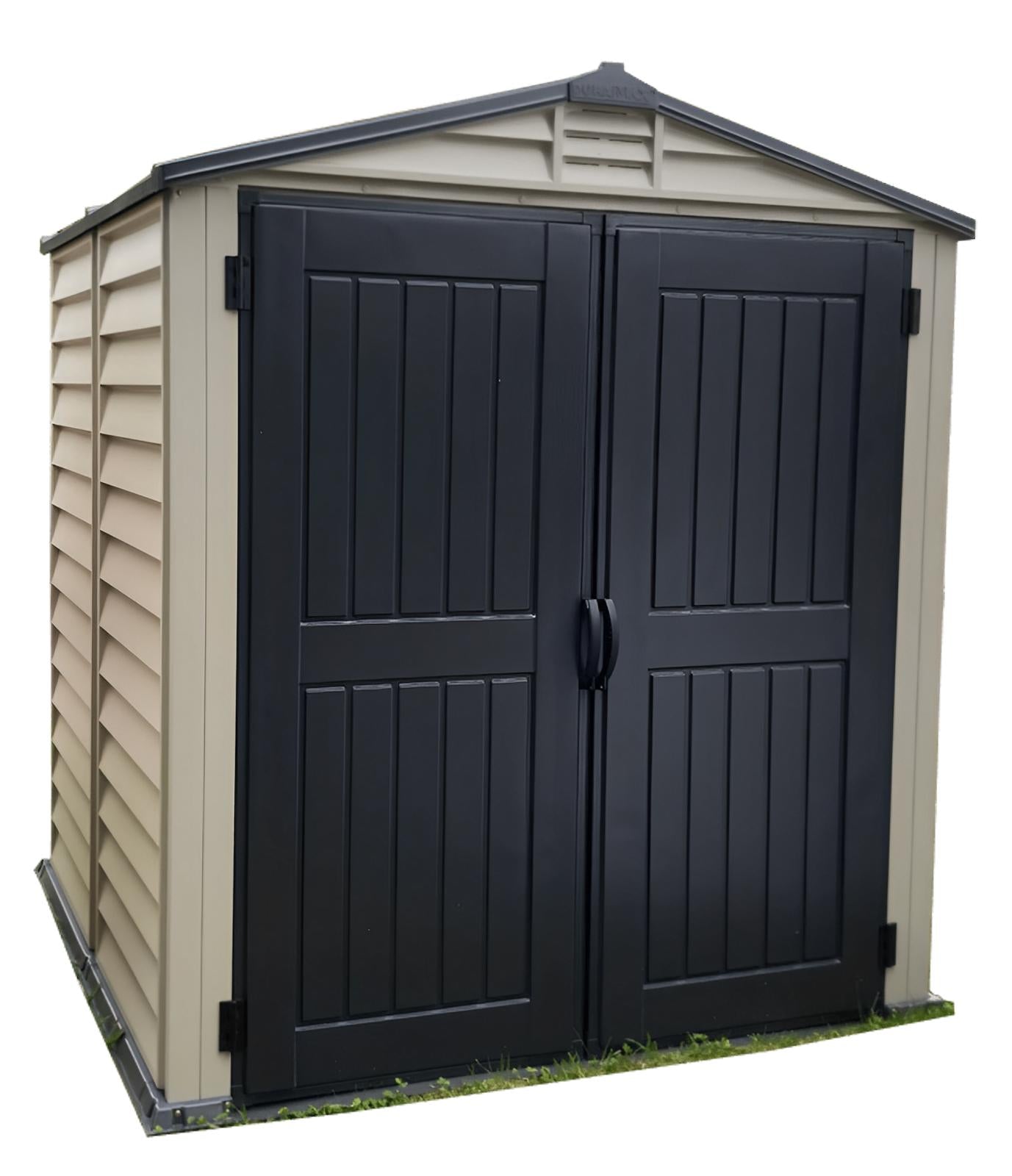 Duramax 6x6 StoreMate PLUS Vinyl Shed with double doors, showcasing durable construction and steel support from Duramax Sheds.