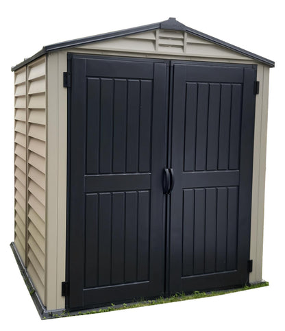 Duramax 6x6 StoreMate PLUS Vinyl Shed with double doors, showcasing durable construction and steel support from Duramax Sheds.