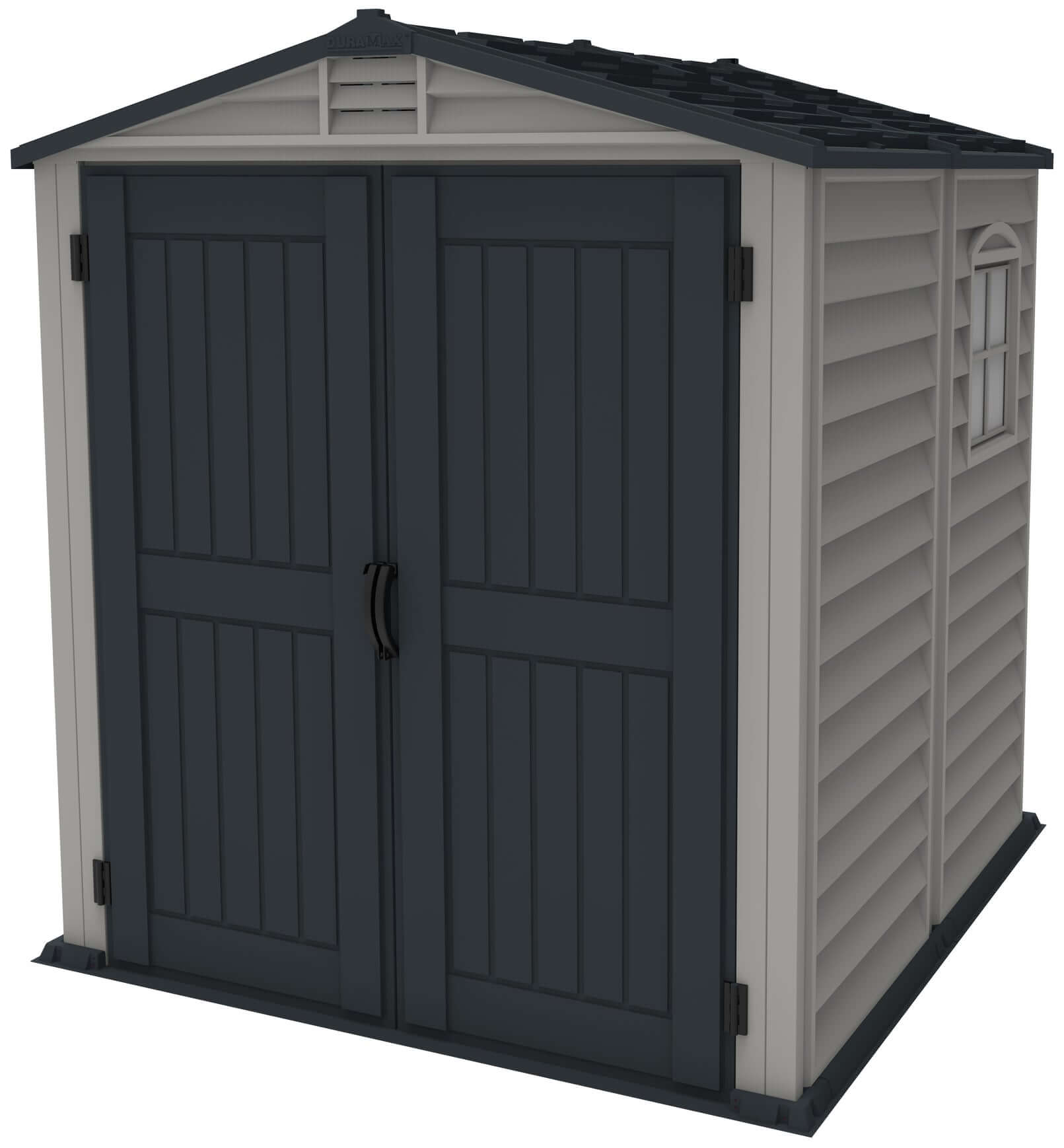 Duramax 6x6 StoreMate PLUS vinyl shed with double-entry doors and fire-retardant construction for secure storage.