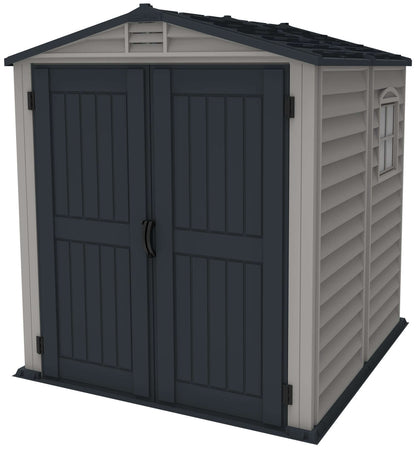 Duramax 6x6 StoreMate PLUS vinyl shed with double-entry doors and fire-retardant construction for secure storage.