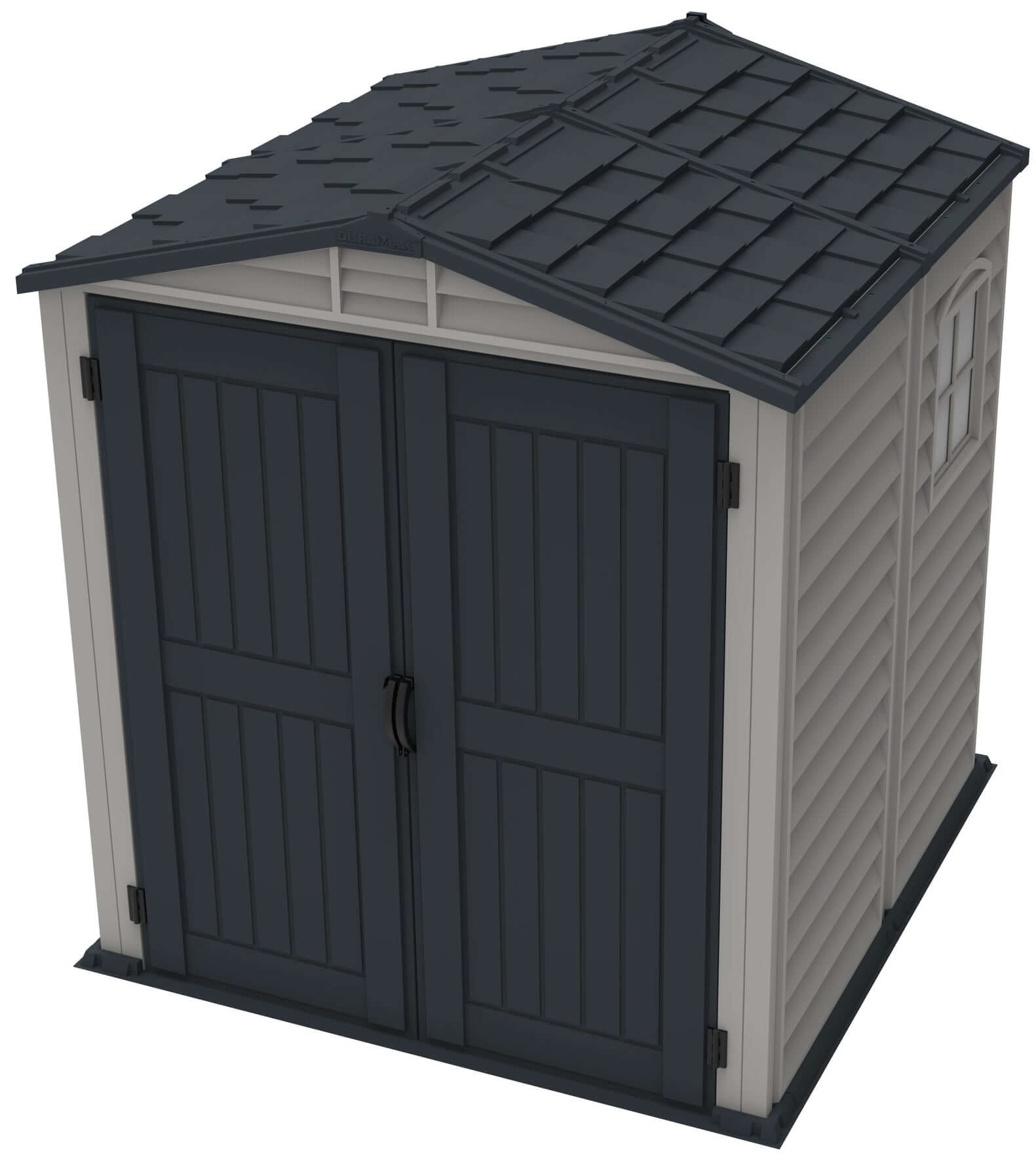 Duramax 6x6 StoreMate PLUS vinyl shed with double doors and floor, featuring fire-retardant materials and galvanized steel support.