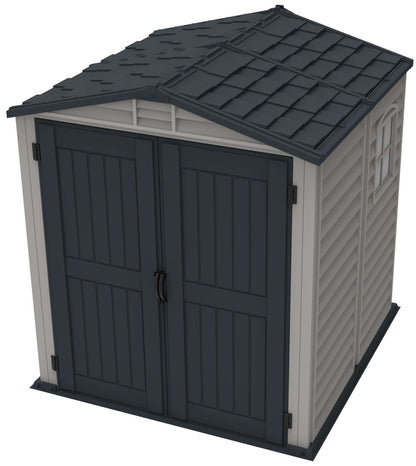 Duramax 6x6 StoreMate PLUS vinyl shed with double doors and floor, featuring fire-retardant materials and galvanized steel support.