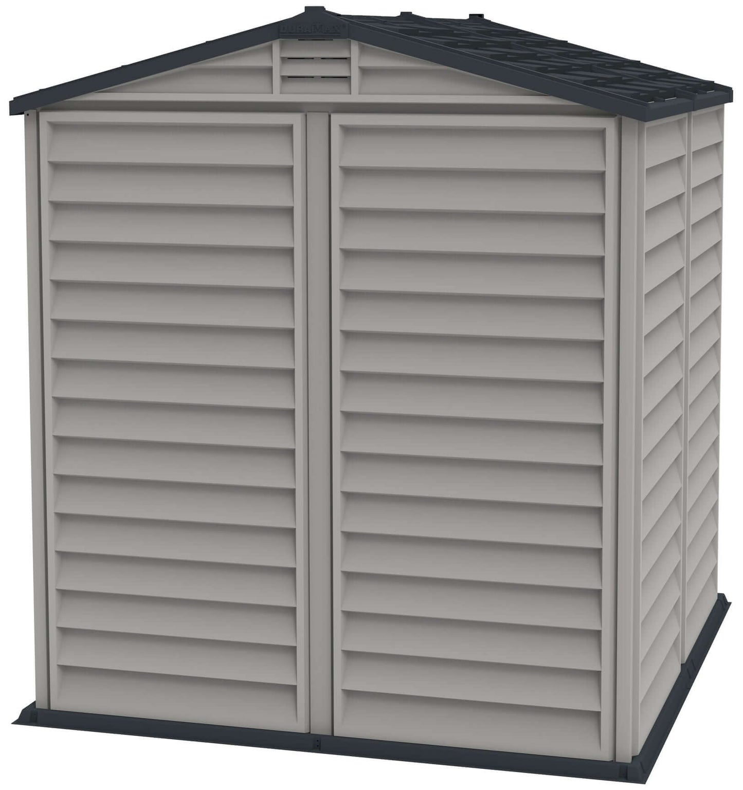 Duramax 6x6 StoreMate PLUS Vinyl Shed with doors closed, featuring strong fire-retardant construction.